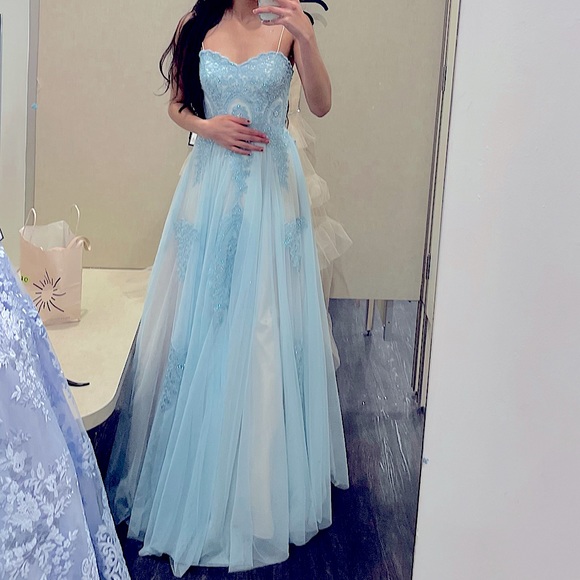 Prom dress from REVOLVE blue and cream tulle with hand sewn embellished bodice.